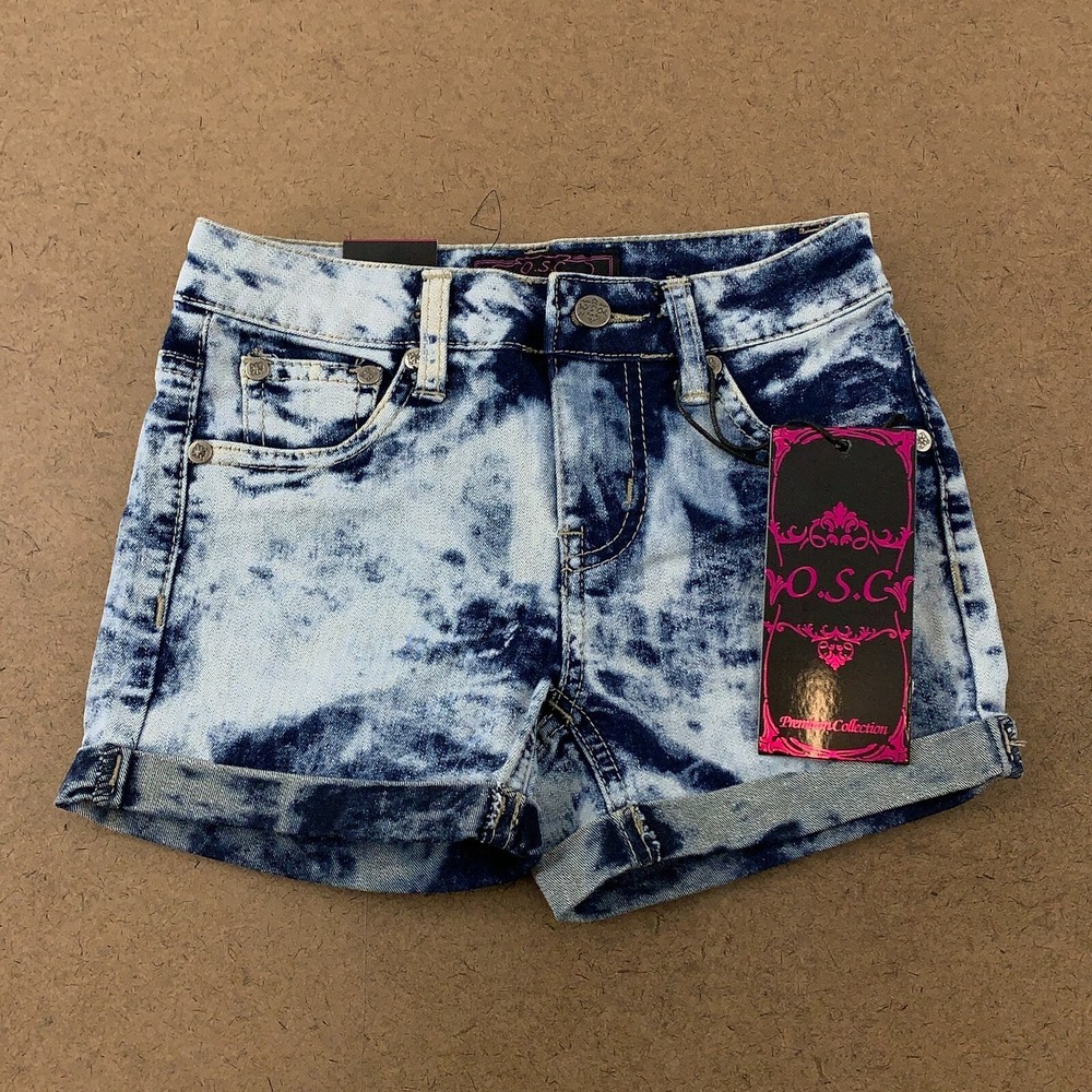 OSC Girls Size 7 Bleach Splash Acid Wash Denim Cuffed Jean Shorts NWT